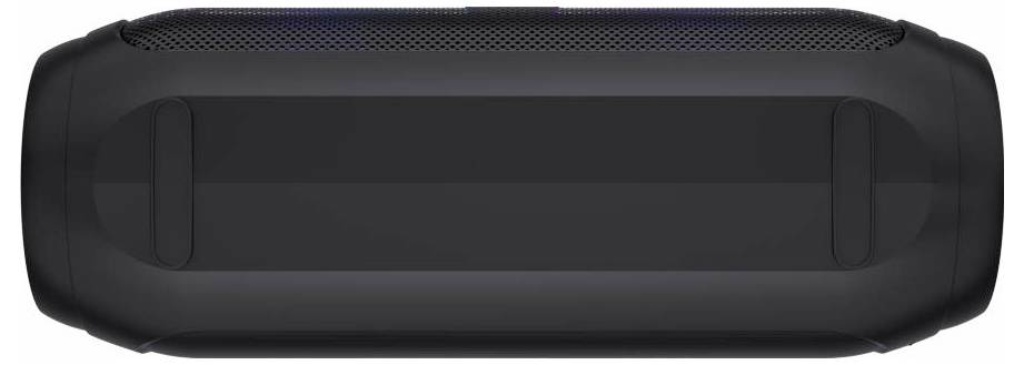 Black cylindrical wireless speaker viewed from above, with textured grille and rounded ends.