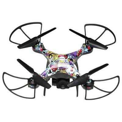 A colorful quadcopter drone with four propellers and protective guards, shown against a white background.