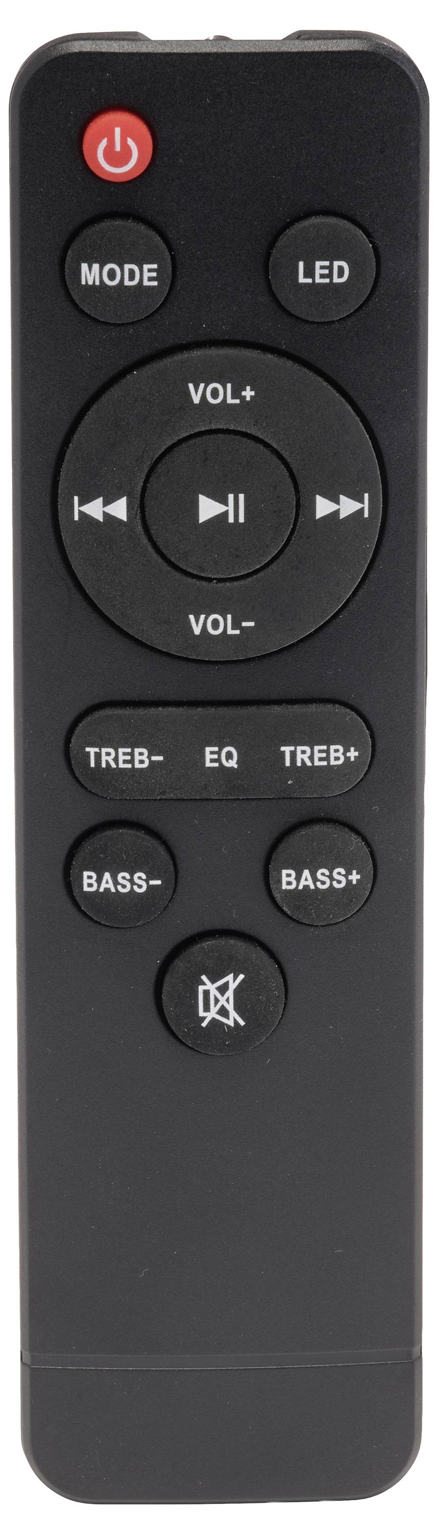 Black remote control with red power button, mode and LED buttons, volume and track controls, EQ and bass/treble buttons, and mute at bottom.