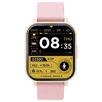 A pink smartwatch displaying 08:35 Thursday, date 2020-09-23, step count 22,500, distance 10.24 miles, and 262 kcal.