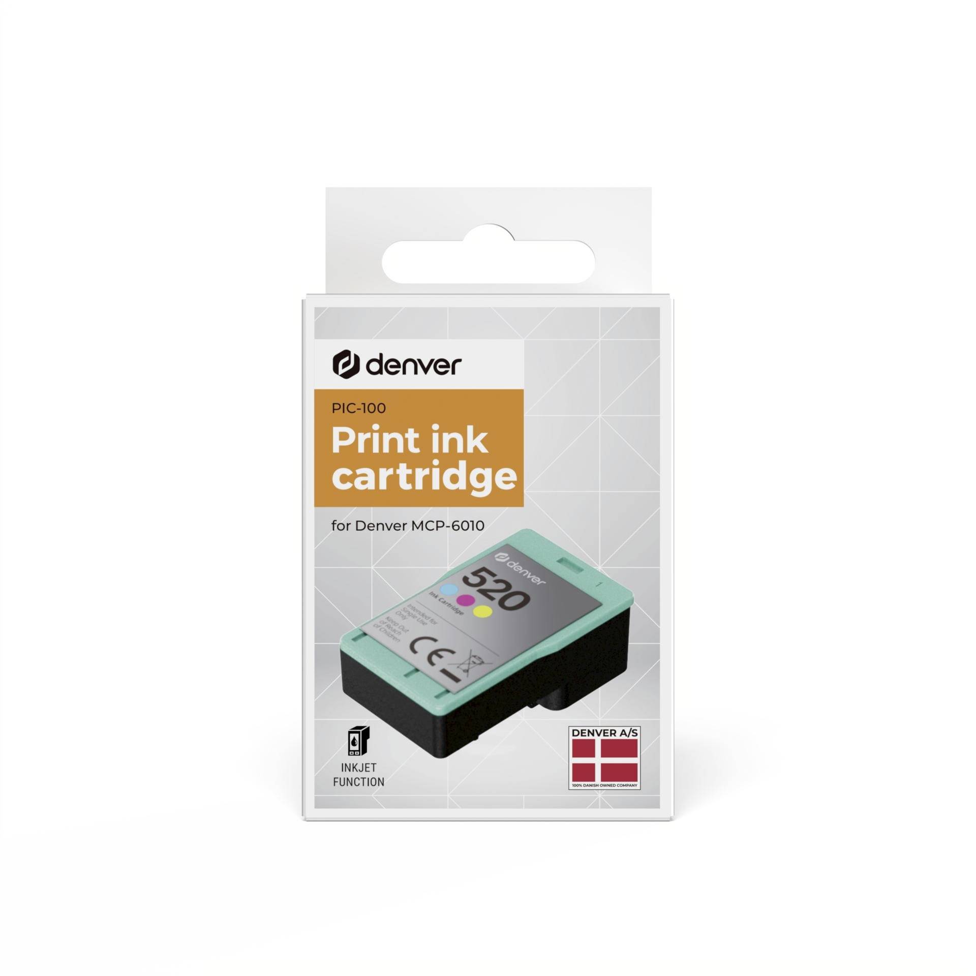 Denver PIC-100 print ink cartridge package for Denver MCP-6010, showing a teal and black cartridge and inkjet function icon.