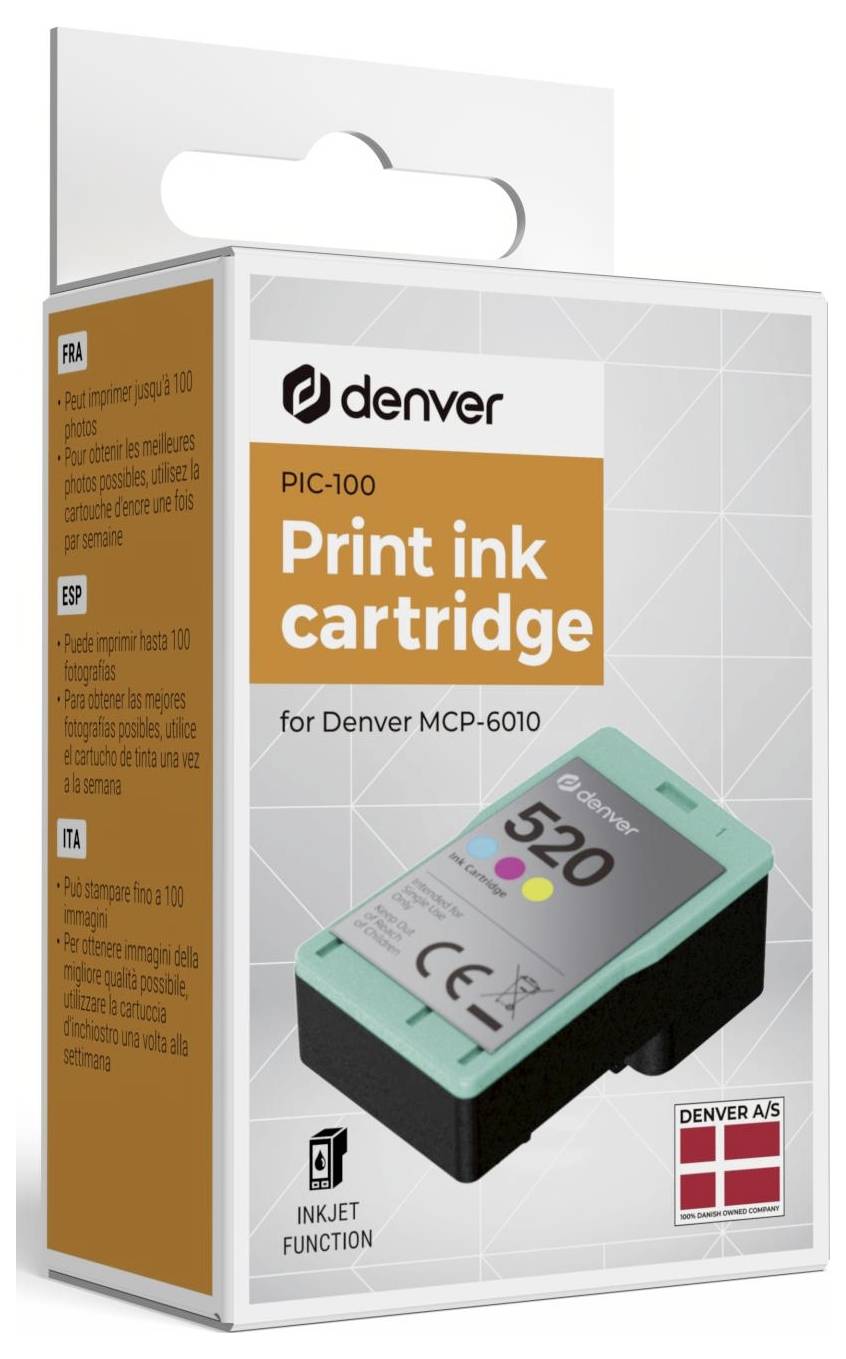 Product box for Denver PIC-100 print ink cartridge, showing an inkjet cartridge and compatibility for Denver MCP-6010.