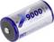 Close-up of a white and blue 1.2V rechargeable Ni-MH battery labeled 'X 9000' and 'Min. 8700 mAh'.