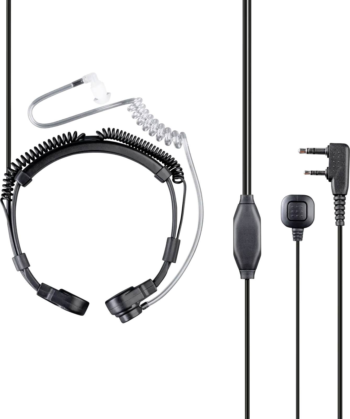 Black in-ear headset with coiled and clear acoustic tube, inline push-to-talk button, and right-angle 2-pin plug for radio communication.