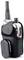 Black handheld radio in a padded carrying case with belt clip, side buttons, and a leather-like flap over the top.