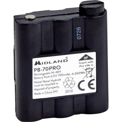 Black Midland PB-70PRO rechargeable Ni-MH battery pack with label showing 6.0V 700mAh and recycling symbols.