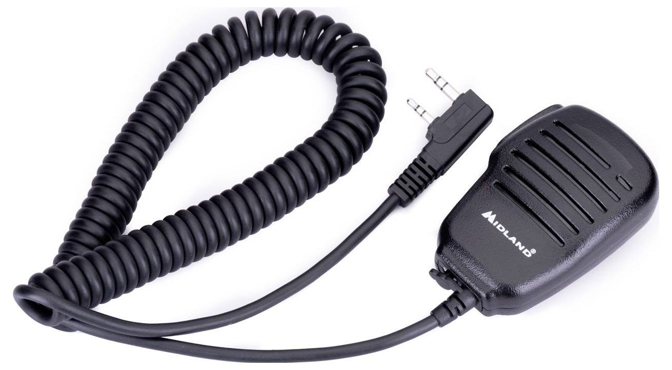 Black Midland two-way radio handheld microphone with coiled cord and 2-prong plug on white background