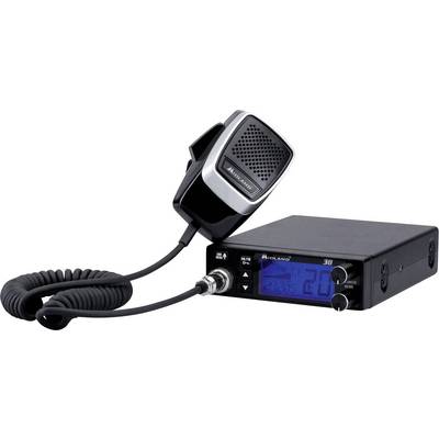 A black CB radio transceiver with a wired microphone, blue digital display, and control knobs on a plain white background.