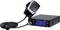 A black CB radio transceiver with a wired microphone, blue digital display, and control knobs on a plain white background.