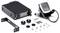 CB radio transceiver kit with microphone, mounting bracket, cables, knobs, and hardware laid out on a white background.