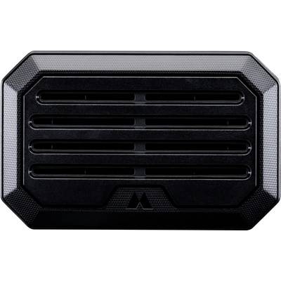 Black rectangular vented grille panel with four horizontal slats and a small triangular logo at the bottom center.<br>