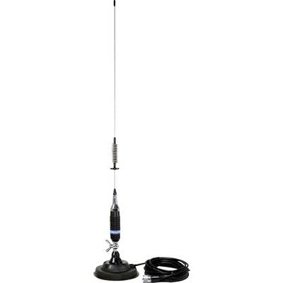 Magnetic mount antenna with long whip mast, spring base, and coiled cable for radio communication.