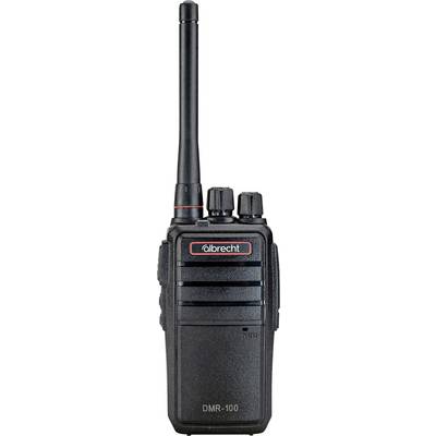 Black Albrecht DMR-100 handheld two-way radio with long antenna and two top knobs on a white background.
