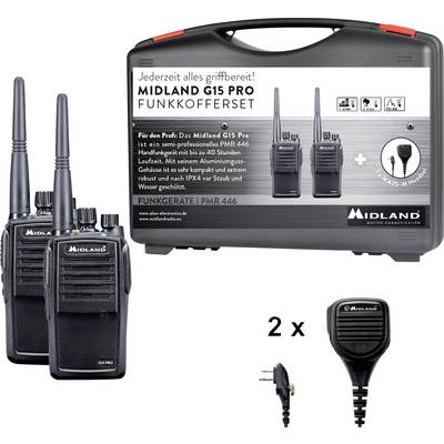 Product image of a Midland G15 Pro walkie-talkie set: two handheld radios, charging accessories, and a carrying case labeled 'MIDLAND G15 PRO FUNKKOFFERSET'.<br>