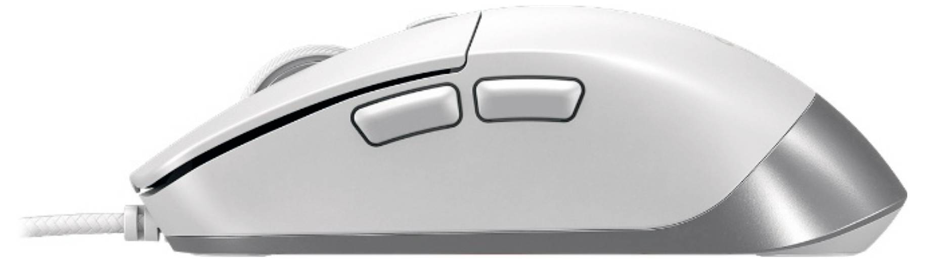 Side view of a silver wired computer mouse with two buttons and a scroll wheel.