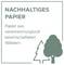 Graphic with text 'SUSTAINABLE PAPER' and 'Paper from responsibly managed forests', alongside tree and conifer symbols.