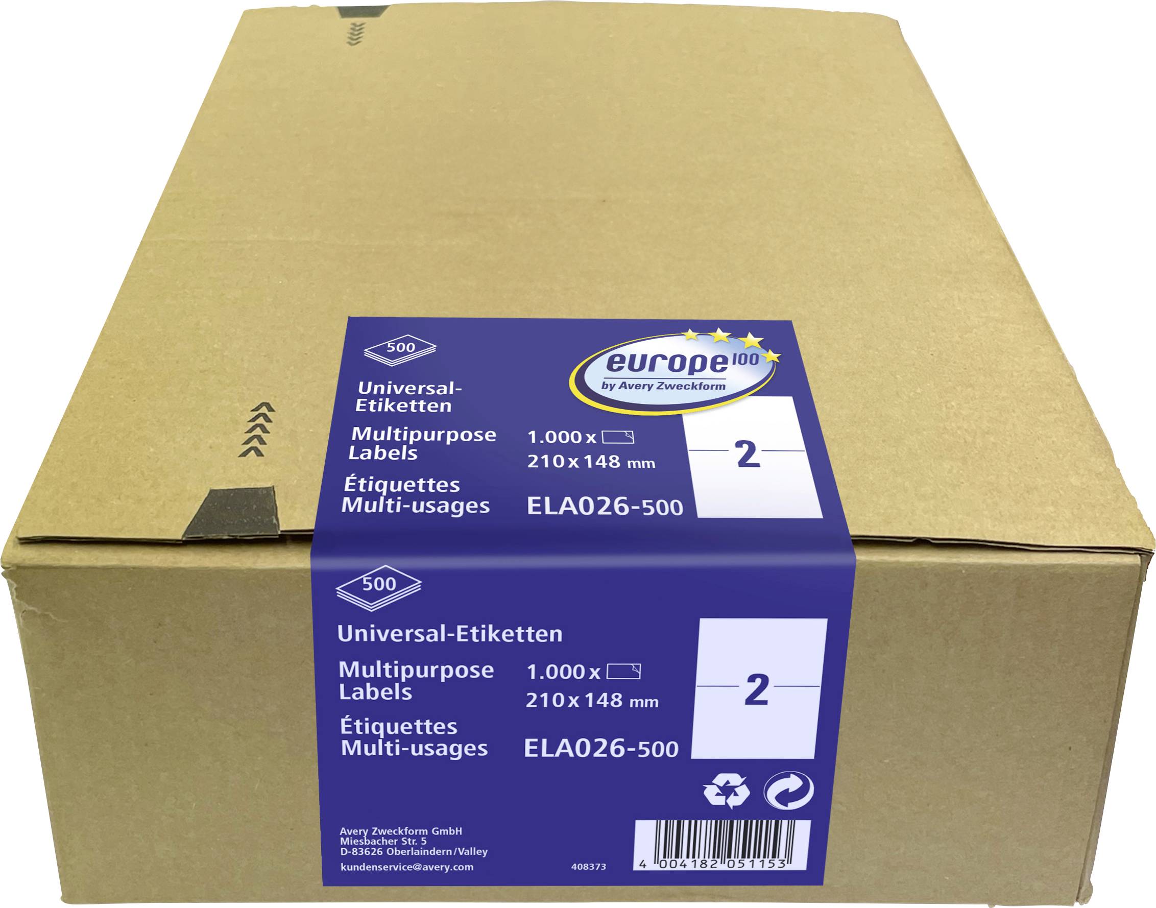 Closed cardboard shipping box with a blue label for 'europa' universal multipurpose labels, marked 500 sheets, size 210 x 148 mm, 2 labels per sheet.