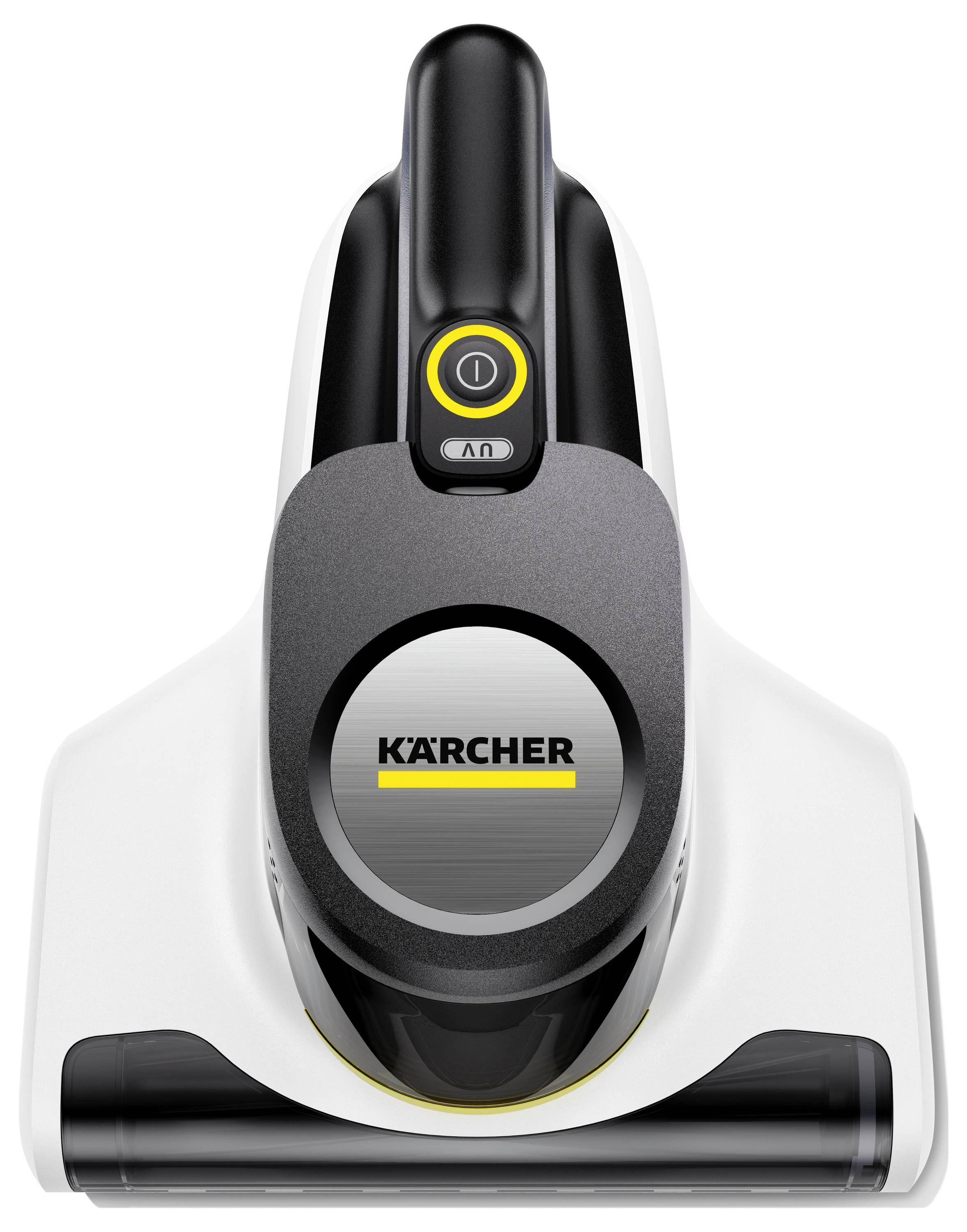 Front view of a Kärcher handheld vacuum cleaner with a power button and floor nozzle on a white background.