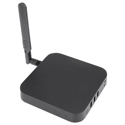 Black compact wireless router or mini PC with a vertical antenna on a white background.