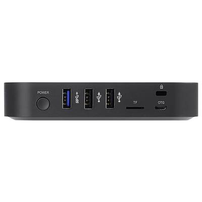 Front panel of a black device with a power button, three USB ports, a TF card slot, and an OTG port.