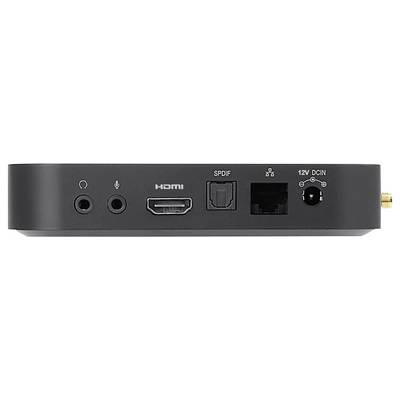Close-up of a device rear panel with headphone and microphone jacks, HDMI, SPDIF, 12V DC-in, and Ethernet ports.