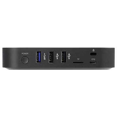 Front view of a black device panel with a power button, three USB ports, a TF card slot, and an OTG port.