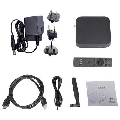 MINIX X35-i mini PC kit with power adapter and plug heads, HDMI cable, USB cable, antenna, remote, and setup guide.