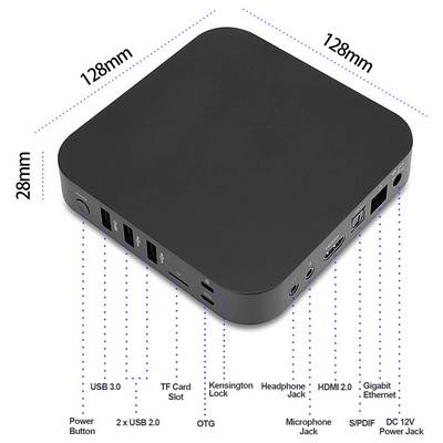 Compact black media box shown in isometric view, 128 mm square and 28 mm tall, with labeled ports: power, 2 USB 3.0, TF card, OTG, Kensington lock, headphone, microphone, HDMI 2.0, S/PDIF, Gigabit Ethernet, and DC 12V.