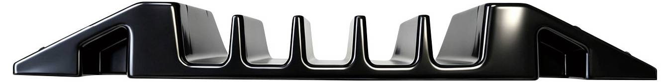 Black plastic dish drying rack with a sloped tray and multiple upright slots for plates, shown in side view.