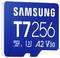 Blue Samsung T256 microSD card labeled 3, A2, V30, shown front view on white background.