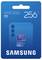 Samsung T7 256GB portable SSD packaging in blue, showing 'microSDXC UHS-I Card' text and a 170 MB/s read speed claim.