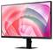 Black-framed monitor on a stand displaying a pink, red, and teal abstract wallpaper.