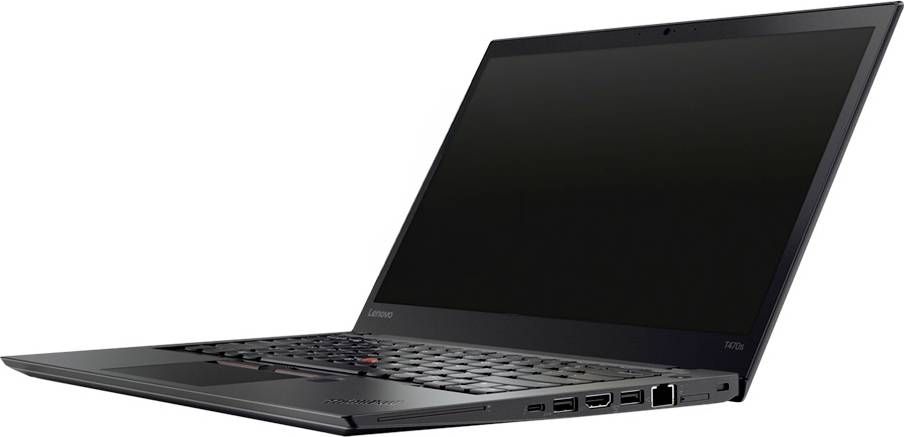 Black Lenovo ThinkPad laptop shown open in a side view with screen off and keyboard visible on a white background
