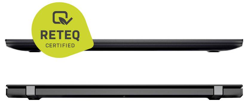 Black laptop shown in side and front views with a yellow 'RETEQ CERTIFIED' badge on the top edge.