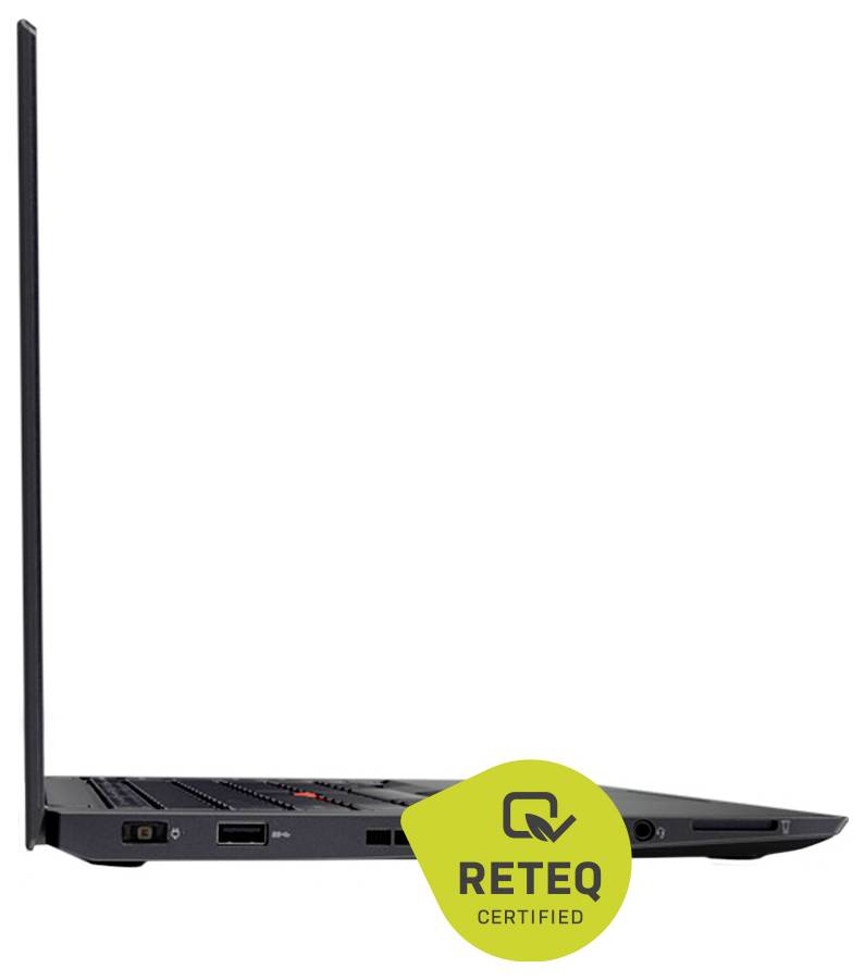 Side view of a black laptop with a tall screen edge, shown closed, overlaid with a yellow 'RETEQ CERTIFIED' badge.<br>