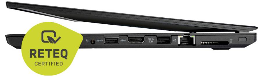 Side view of a laptop’s left edge with ports and the RE TEQ Certified badge.
