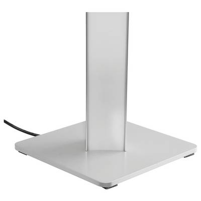 Close-up of a silver metal stand base with a vertical support column and a black power cord on a white background.