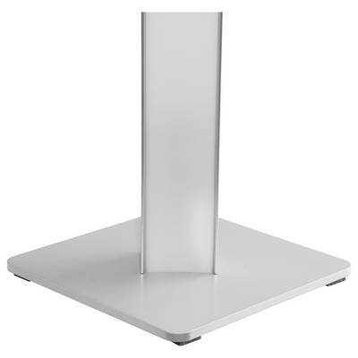 Close-up of a silver metal pedestal table base with a square footplate and central support column on a white background.