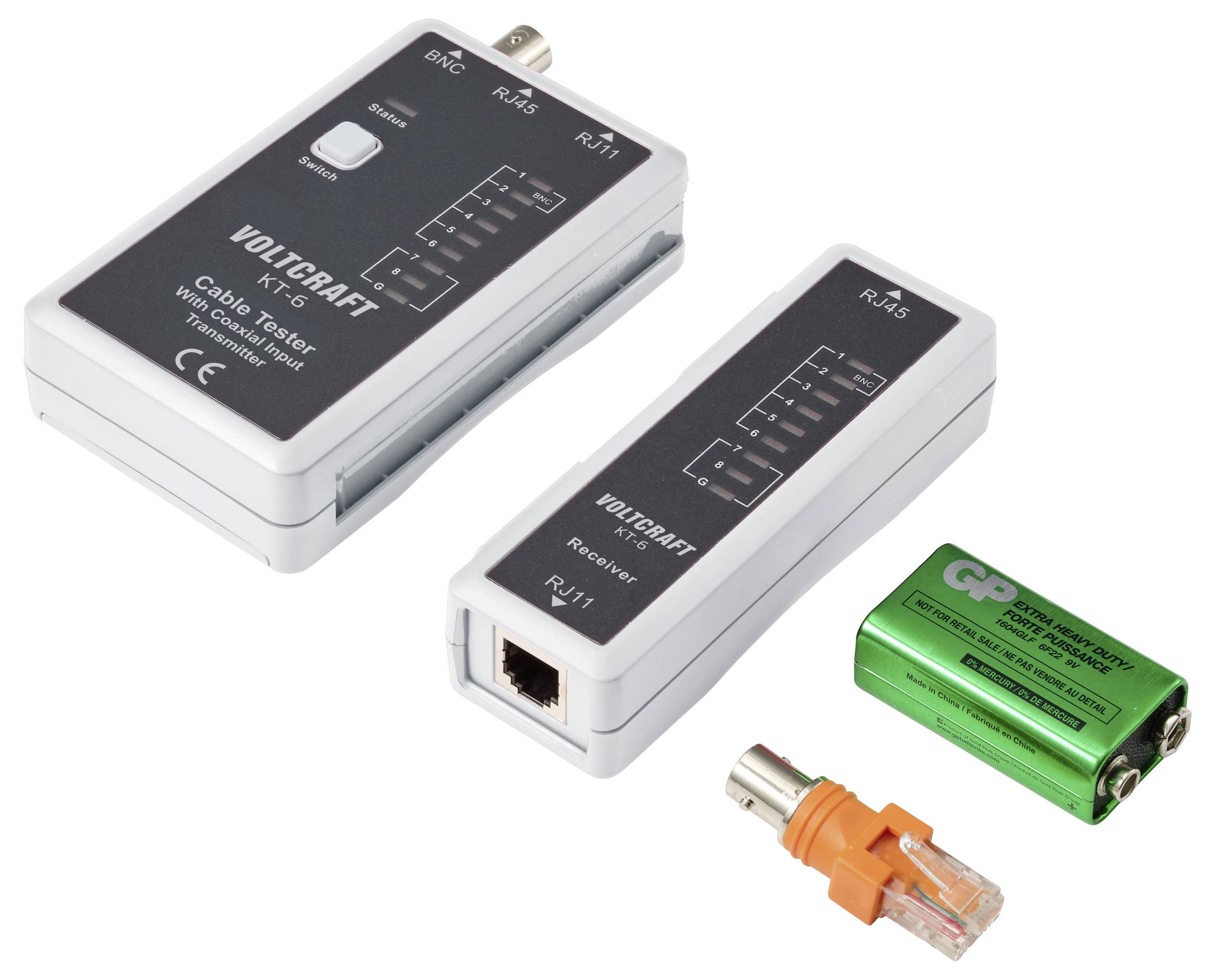 Set of cable tester components: two Volcraft RJ45/RJ11 tester units, a green 9V battery, and an orange Ethernet plug.