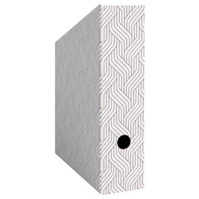 Close-up of a patterned white product box with a black circular pull tab on the front edge.