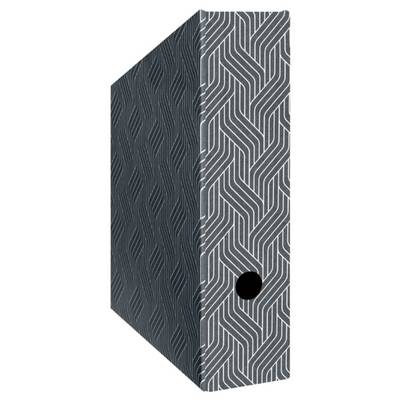 Modern geometric cabinet or box with dark patterned sides and a small black circular knob on the front.