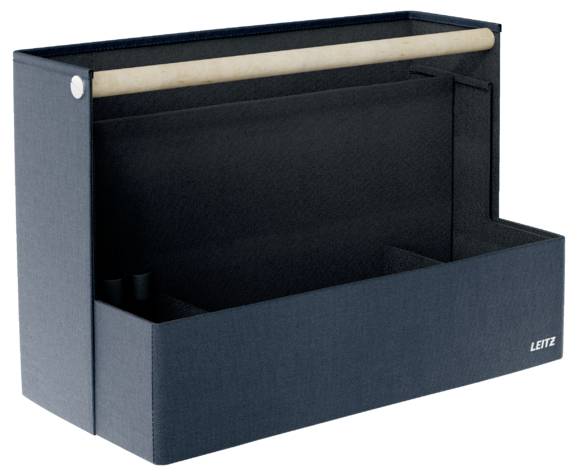 Black open-top storage box with a tan handle and front lip, shown on a white background.