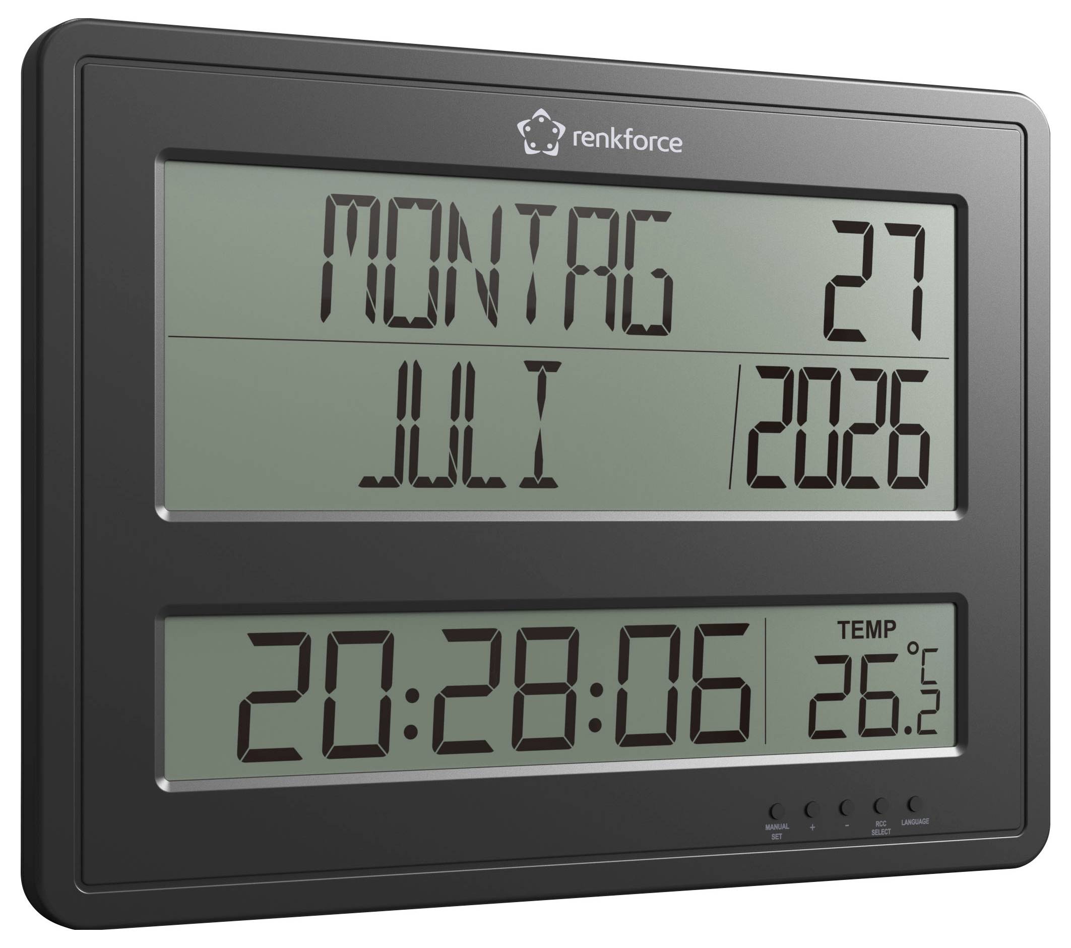 Digital wall clock displaying Monday, July 27, 2026, time 20:28:06, and temperature 26.2°C.<br>