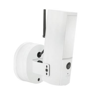 White wall-mounted security camera with antenna, shown in profile against a plain background.