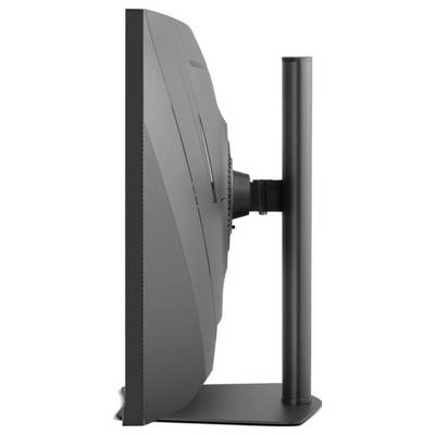 Side view of a curved computer monitor mounted on a vertical stand with a rectangular base.