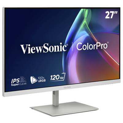 ViewSonic ColorPro 27-inch monitor on a stand, with IPS SuperClear, 100% sRGB, and 120 Hz features shown on the screen.