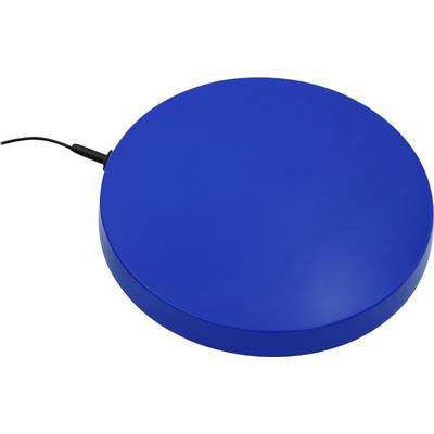 Round blue wireless charging pad with a black cable attached on the left<br>