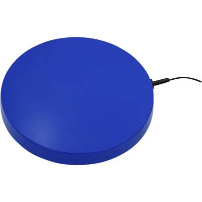 Blue round wireless charging pad with a cable plugged into the side.