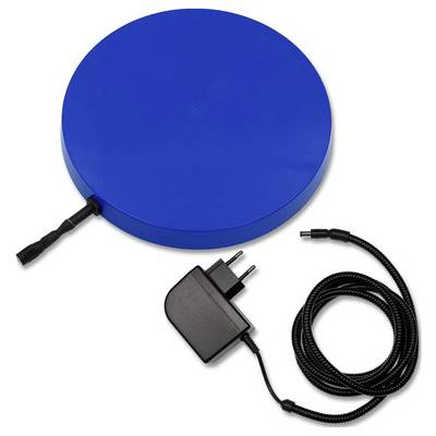 Blue round electric warming pad with power adapter and coiled cord on a white background.