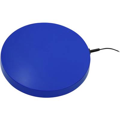 Blue round wired device with a black cable extending from the side on a white background.